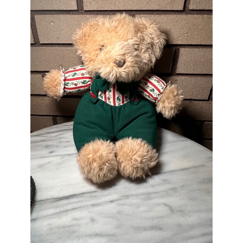 Dandee Vintage Christmas Teddy Bear Plush Green Corduroy Overalls Holiday 11in